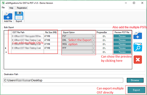 screenshot of A2Z Migrations for OST to PST